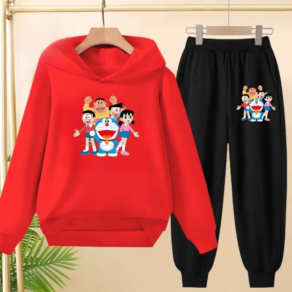 Doraemon Winter Warm Children's Hoodie Set, Casual Sporty Hooded Long Shirt and Long Pants Suitable for Boys Girls Aged 3 to 12