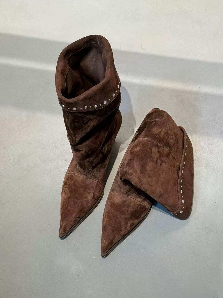 Retro Pointed Heel Turned Stacking Boots Women'S Korean High Heel Rivet Decorative Western Cowboy Boots