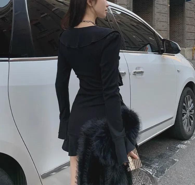 Платье А-силуэта с оборками и V-образным вырезом для женщин — облегающее, облегающее талию, новый стиль осень/зима