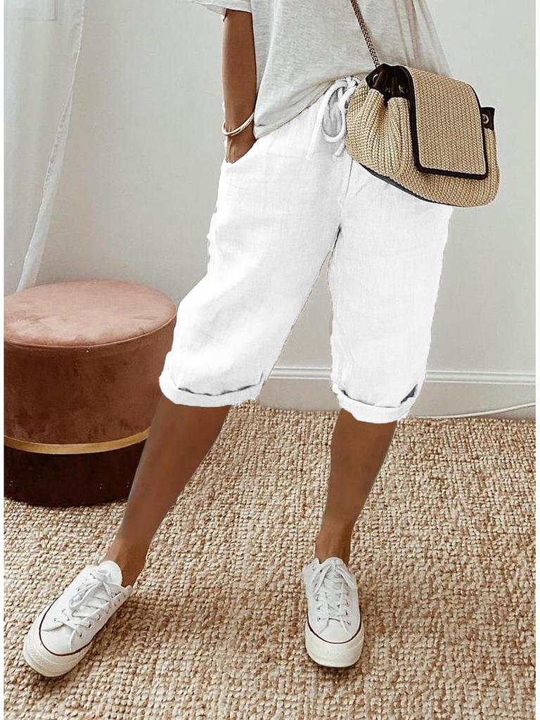 Женские повседневные брюки и шорты из хлопка и льна с эластичными карманами 2024 года