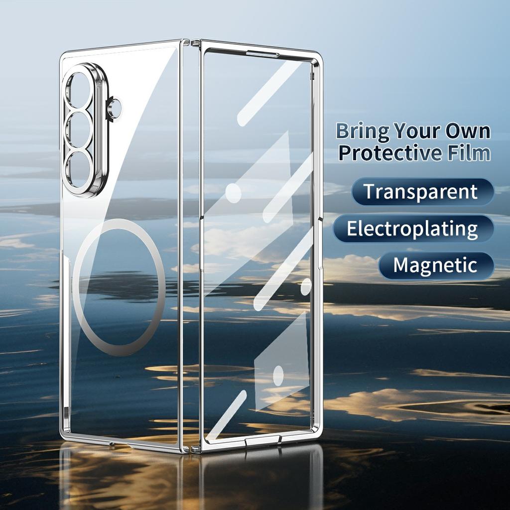 For Samsung Galaxy Z Fold7 5G Magnetic Case Electroplated PC Clear Phone Cover with Tempered Glass Film