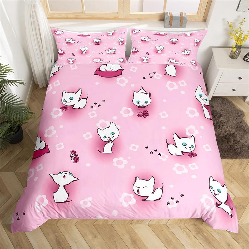 Cartoon Animal Duvet Cover Twin King Cute Cat Bedding Set Microfiber Paw Butterfly Floral Comforter Cover For Kids Girl Bedroom