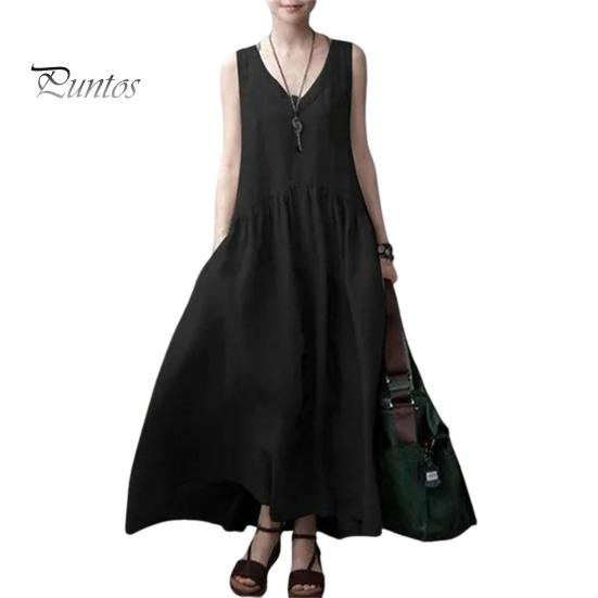 Женское летнее хлопковое льняное платье макси, повседневное платье-майка без рукавов с V-образным вырезом, струящийся пляжный плиссированный сарафан