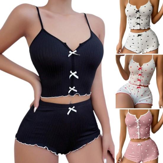 2Pcs/Set Lady Homewear Top Shorts Suit Heart Print Bow Decor Sleeveless Backless Vest Elastic High Waist Short Pants Camis