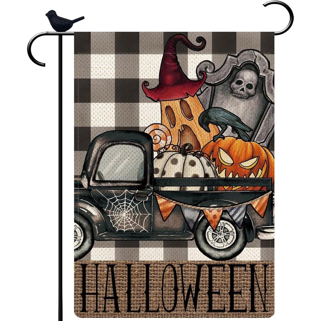 Happy Halloween Truck Garden Flag Fall Winter Vertical Double Sided Holiday Farmhouse Seasonal Yard Outdoor Decor