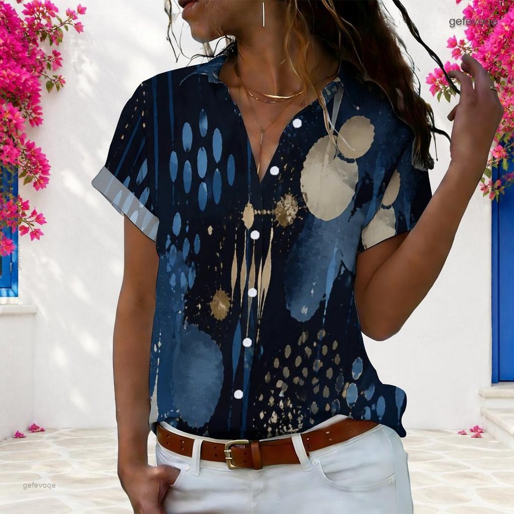 Women Plus Size Short Sleeve White Button Shirt Abstract Watercolor Ink Print Casual Lapel Loose Blouse For Summer Daily Wear