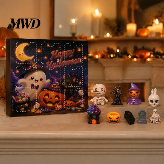 Holiday Gift Box Halloween Advent Calendar with 9 Mini Resin Figures, Day Spooky Countdown Desktop Decorations to Calendar, Surprise Collectible