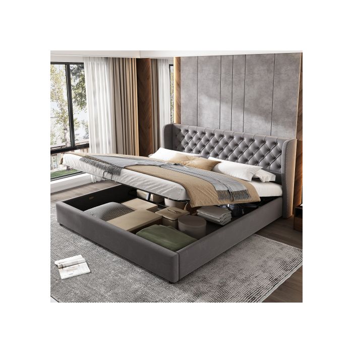 Lit double - MUVOE - 180x200 cm - Tissu velours gris - Rangement coffre - Design Chesterfield