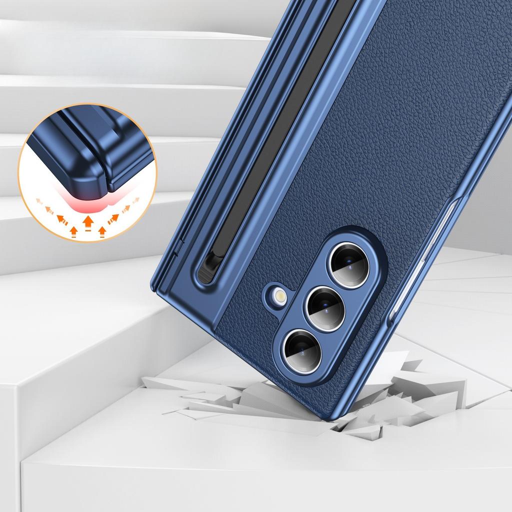 Suitable for Samsung Z Fold7 Gold Armor Pen Slot Folding Mobile Phone Chitin Leather Elastic Fold6 Shell Film Anti Fall Protection Case