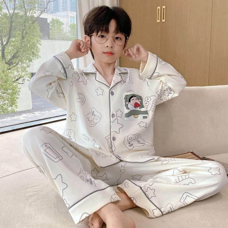 Boys Cotton Pajama Set Long Sleeve Open Front Cartoon Print Home Wear Kids Teens
