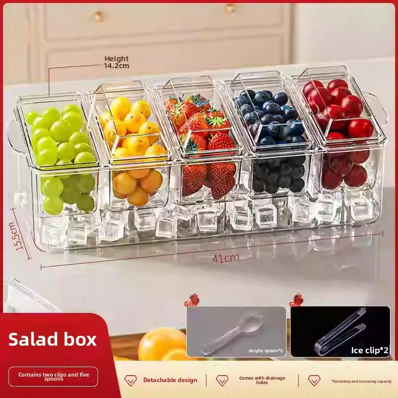 Ice Chilled 5 Compartment Condiment Server Organizer Garnish Tray with Lids Outdoor Clear Dispenser Removable Fruit Serving Tray