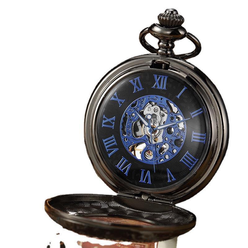 Новые синие механические карманные часы с увеличительным стеклом, ретро-часы с полым ожерельем, мужские и женские часы