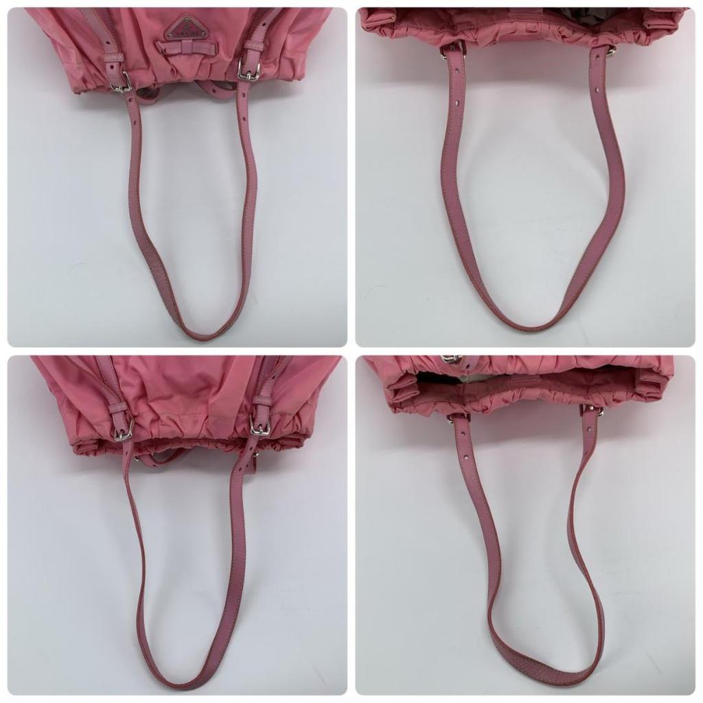 PRADA Pocono Tessuto Nylon Ribbon Hand Tote Bag One Shoulder Strap Leather Pink Silver Hardware Triangle Logo Plate