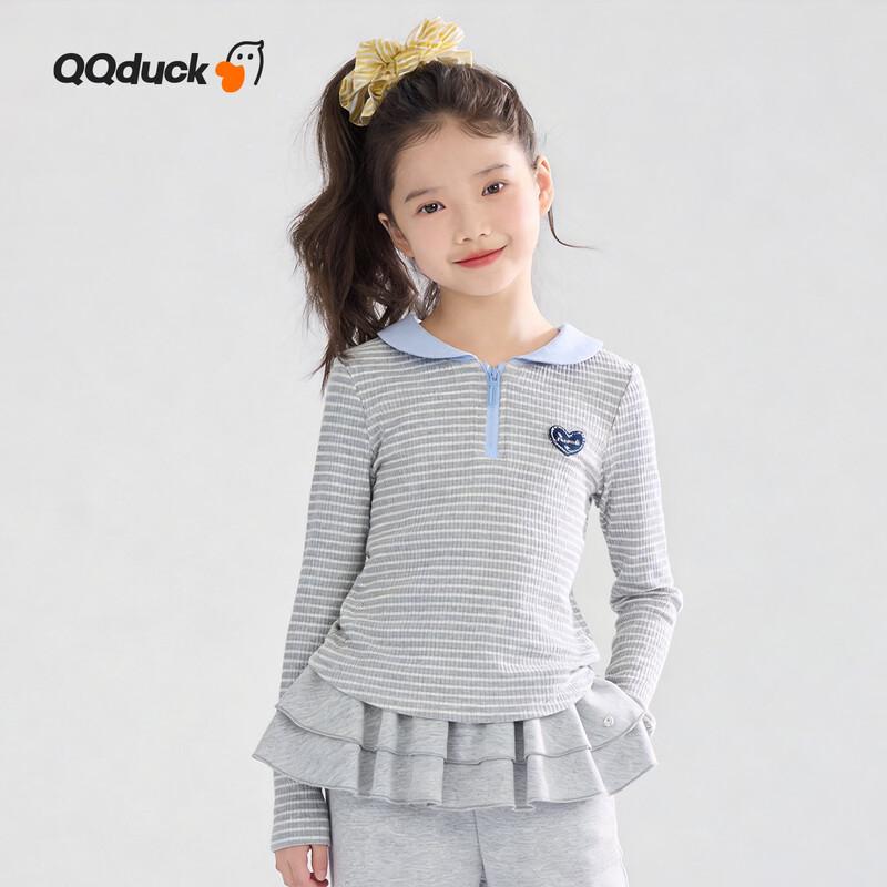 QQ DUCK Girls' Striped Polo Long Sleeve T-Shirt
