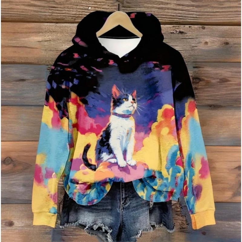 Милая кошечка женская толстовка с капюшоном для осени/зимы женская одежда Harajuku Kawaii Animal Print Long Sleeves Sweatshirt Fashion Casual Top