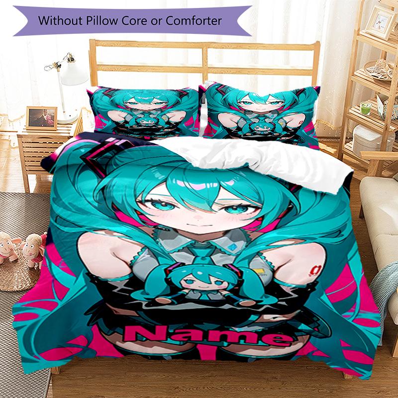 3pcs Custom Name Hatsune Miku Bedding Set Duvet Cover Closure Includes 1 Duvet Cover & 2 Pillowcases, Soft and Comfortable for All Seasons.