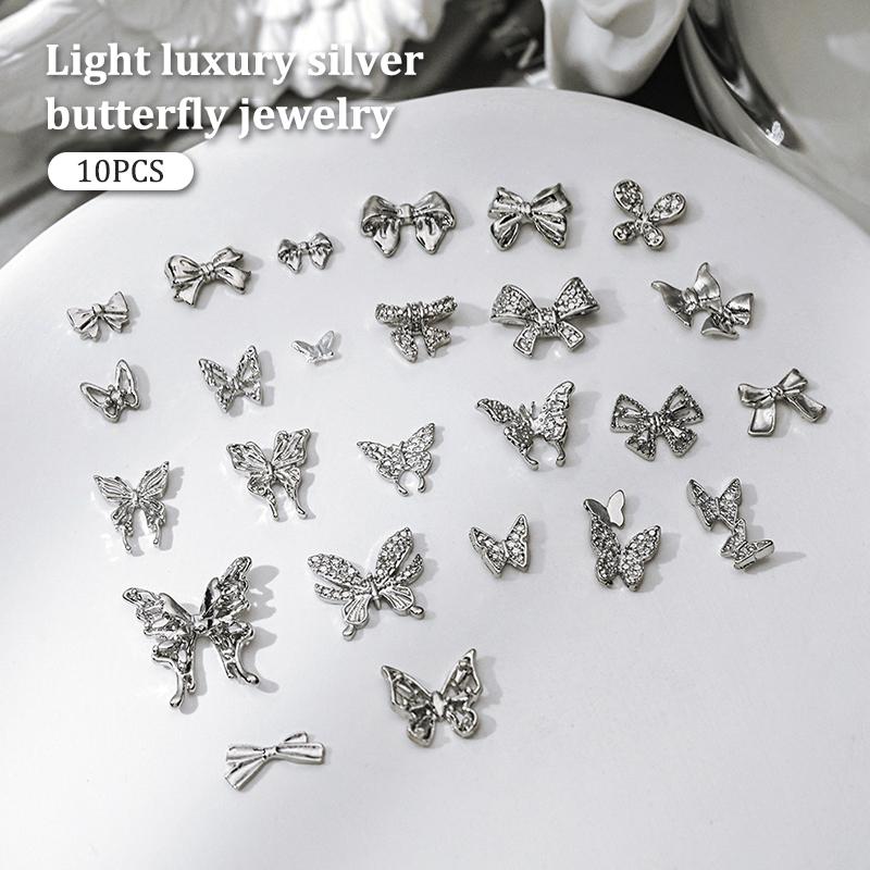 10Pcs Diy Nail Art Decoration 3D Silver Butterfly Shiny Rhinestones Nail Drills For Manicure Design Accessory