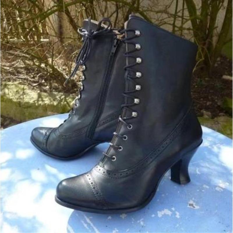 Новый стиль Зимние женские туфли на высоком каблуке на шнуровке Мотоциклетные ботинки Женская мода Остроносые на толстой подошве Короткие ботинки Большой размер 43