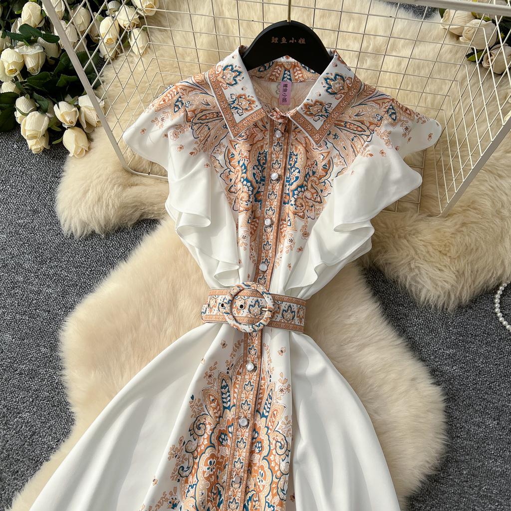 Chic Slim Single Breasted Elegant Sashes Print Vintage Dress Elegant High Street Korean Evening Dress