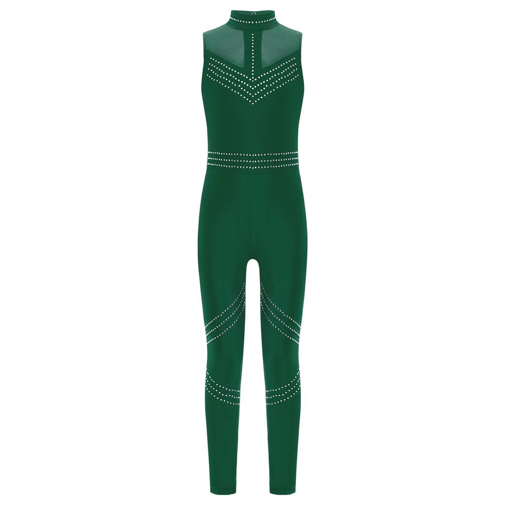 Girls Sleeveless Mesh Patchwork Jumpsuit Full Body Shiny Rhinestone Leotard for Figure Skating and Dance