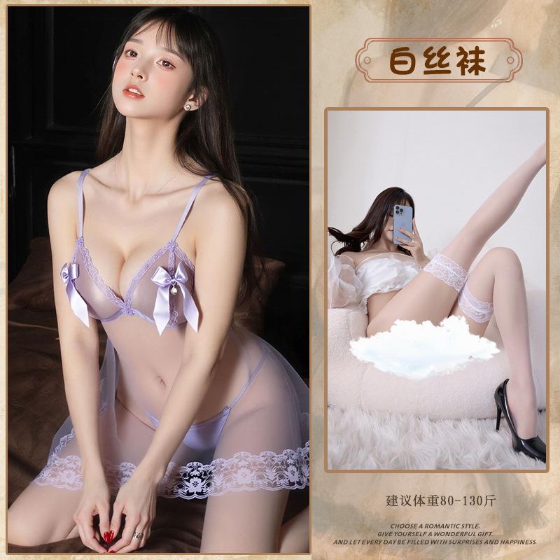 Sexy pajamas mesh see-through suspenders nightgown pure lace sweet bow set