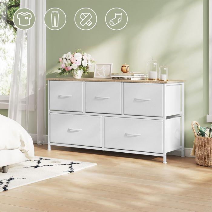 Commode Chambre WOLTU - Armoire 5 Tiroirs en Tissu - Bois d'Ingénierie et Métal - Blanc W0ITT5025