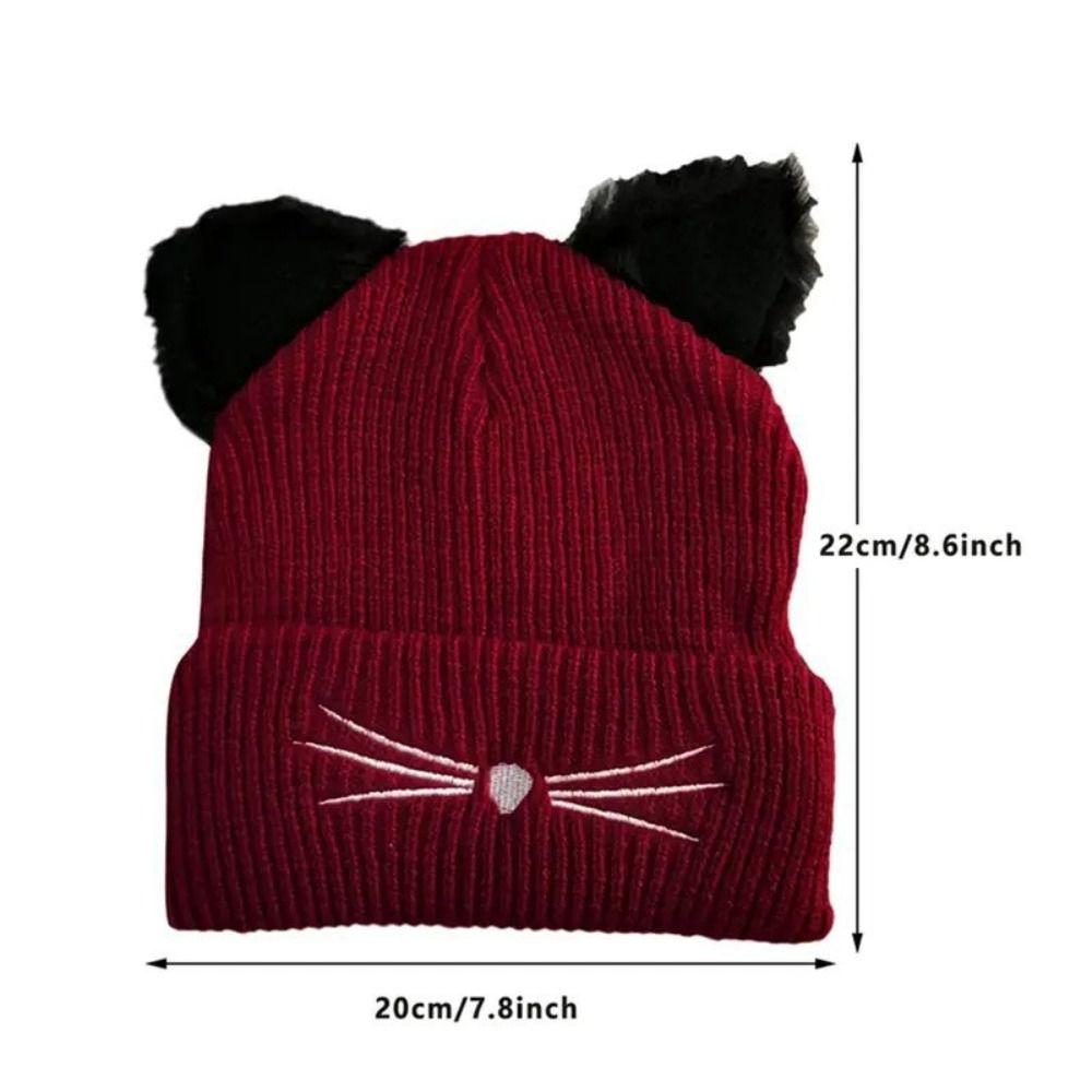 Embroidery Cat Ear Beanie Faux Fur Skull Cap Streetwear Winter Hat Autumn Winter