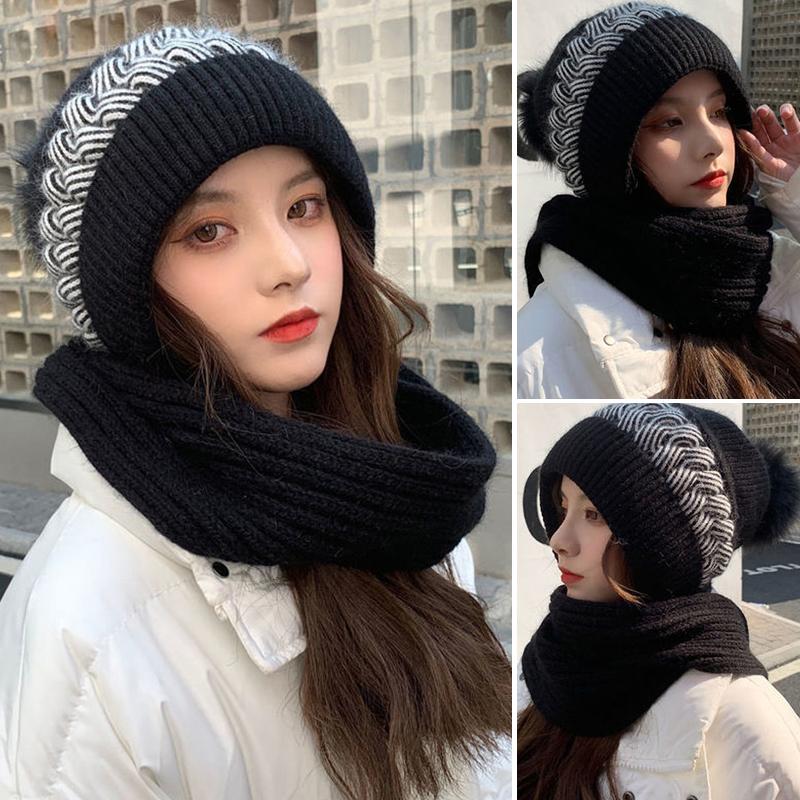 Winter Warm Hat Scarf Set Women Lady Plush Pompom Crochet Wool Knit Pullover Cap Outdoor Thick Windproof Warmer Hat Scarves