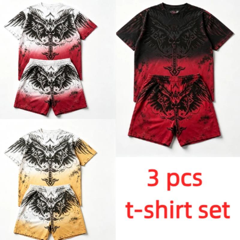 Summer Y2K Vintage Cross Skull Wings Graphic Printed Round Neck Short Sleeved T-Shirt And Shorts Set Men's and Women's T-shirt Shorts Set