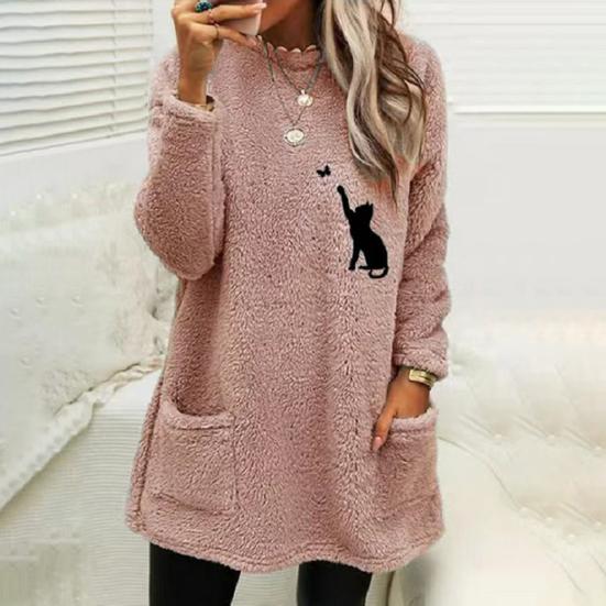 O-Neck Long Sleeves Pockets Mid-Length Winter Sweatshirt Women Loose Fit Embroidery Cat Pattern Fleece Pullover Top
