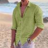 2024 New Men's Shirt Cotton Linen Fashion Casual Polo Neck Beach Shirt Long Sleeve Solid Hawaiian Holiday Shirts
