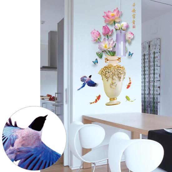 3D Большая ваза Наклейка на стену Цветок лотоса Наклейка Самоклеящаяся Сильная Липкость Водонепроницаемая