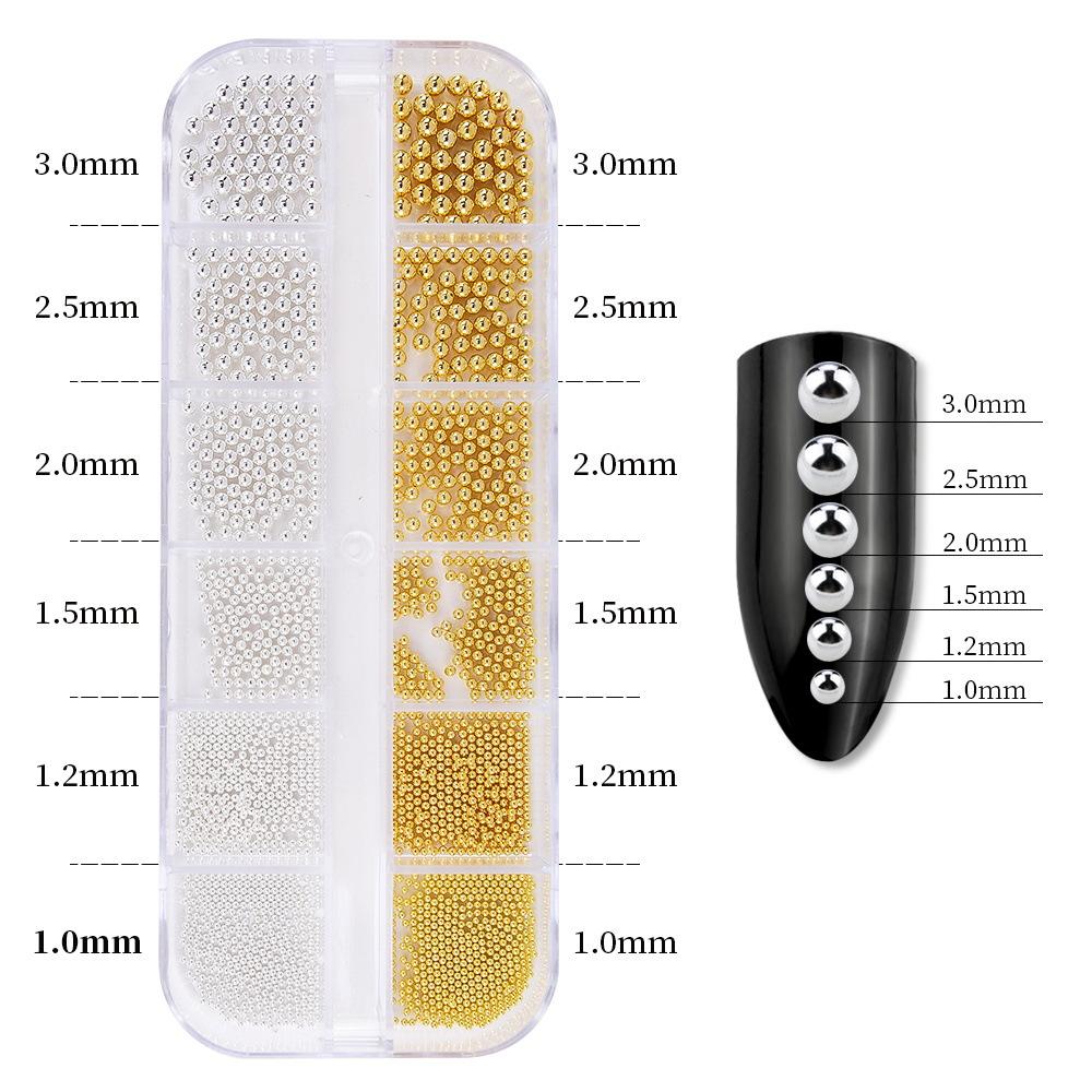 12 сеток, золото, серебро, стальные шарики для дизайна ногтей, смешанные аксессуары для маникюра своими руками, набор для украшения ногтей