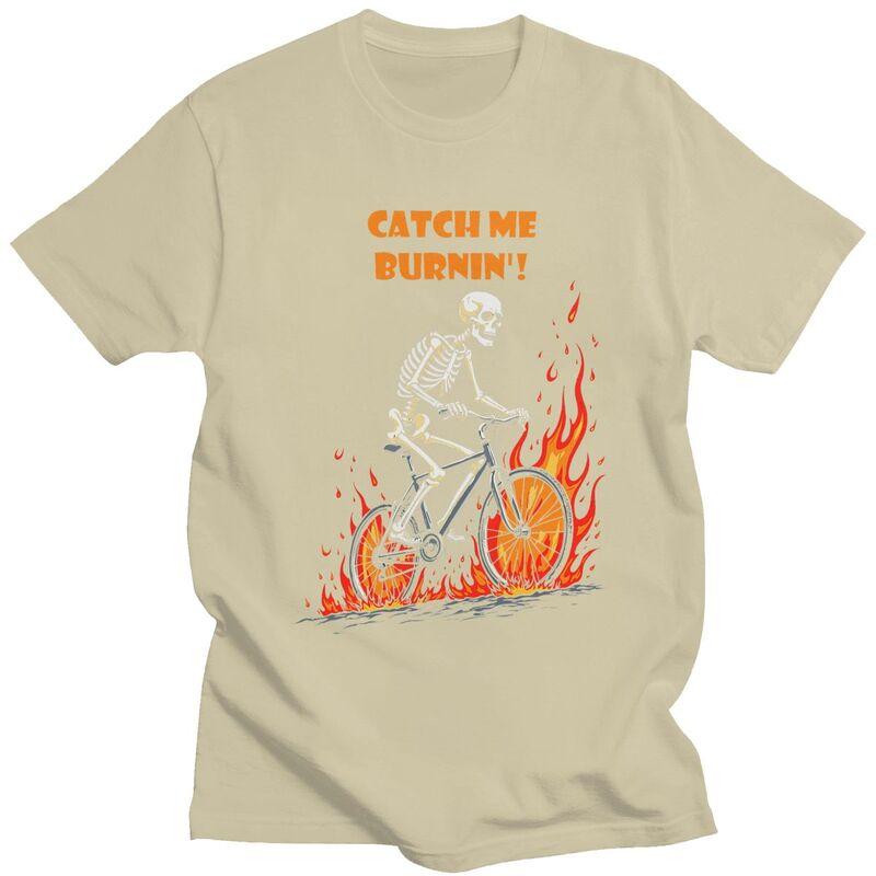 Мужские футболки с принтом 'Catch Me Burnin Bicycle Cyclist Skeleton', 100% хлопок, с коротким рукавом, модные, одежда
