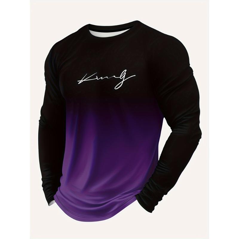 Men's Letters Print Gradient Color Long Sleeve Crew Neck T-shirt, Casual Comfy Tee As Gift