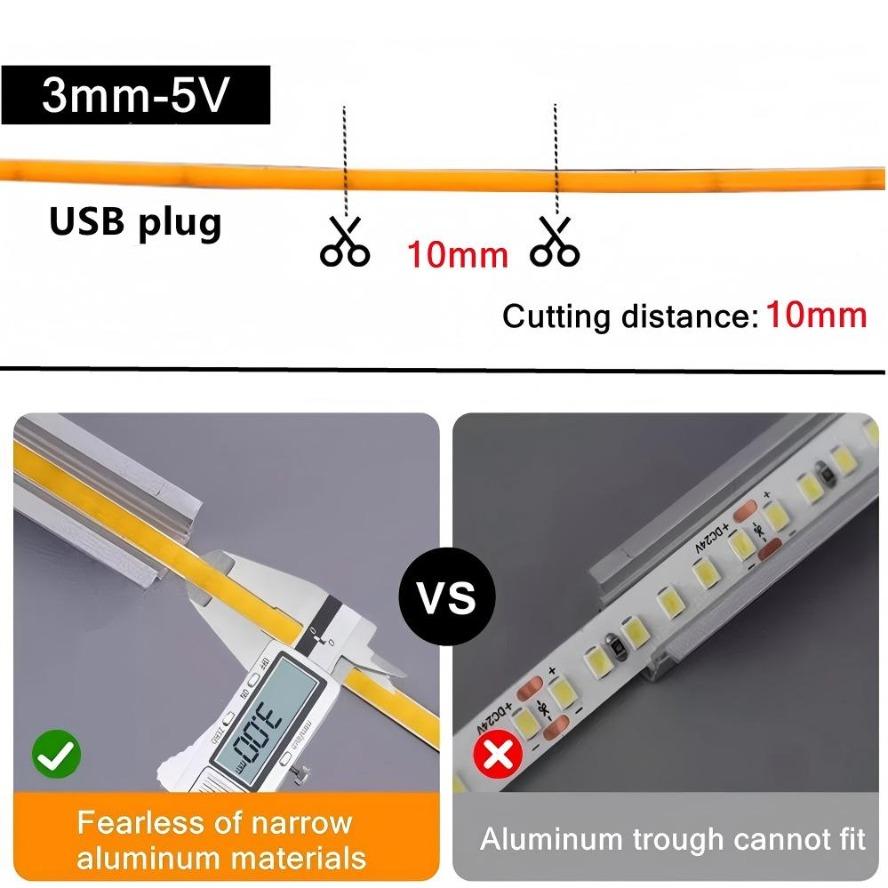 3MM Ultra Thin COB LED Strip 5V Colorful Dimmable 3000K 4000K 6000K High Density Flexible Light 400LEDs for DIY Home Decor Lamp