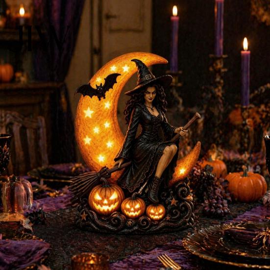 Glowing Crescent Moon Pumpkin Lamp Halloween Witch Lamp, Gothic LED Night Light, Artistic Mystical Home Decor Spooky Decorative Table for Bedroom