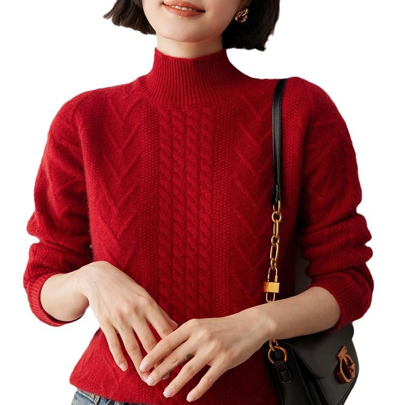 Women's Cashmere Cable Knit Sweater, Half-High Neck, Korean Style, Autumn/Winter 2024 Fashion