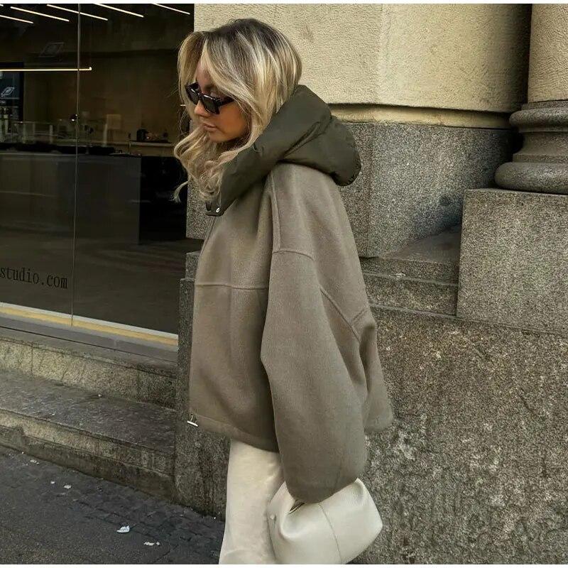 Повседневная свободная женская куртка с капюшоном, однотонная лоскутная молния, теплые пальто с длинными рукавами, осень-зима, женская шикарная уличная верхняя одежда, женское шерстяное пальто, уличная одежда