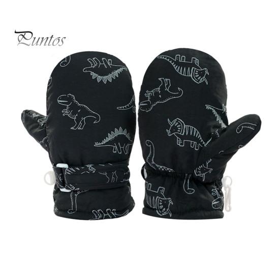1 Pair Children Winter Mittens Thick Plush-lined Windproof Cartoon Dinosaur Cold Weather Outdoor Gloves Adjustable Fasten Strap Anti-Slip Ski Gloves