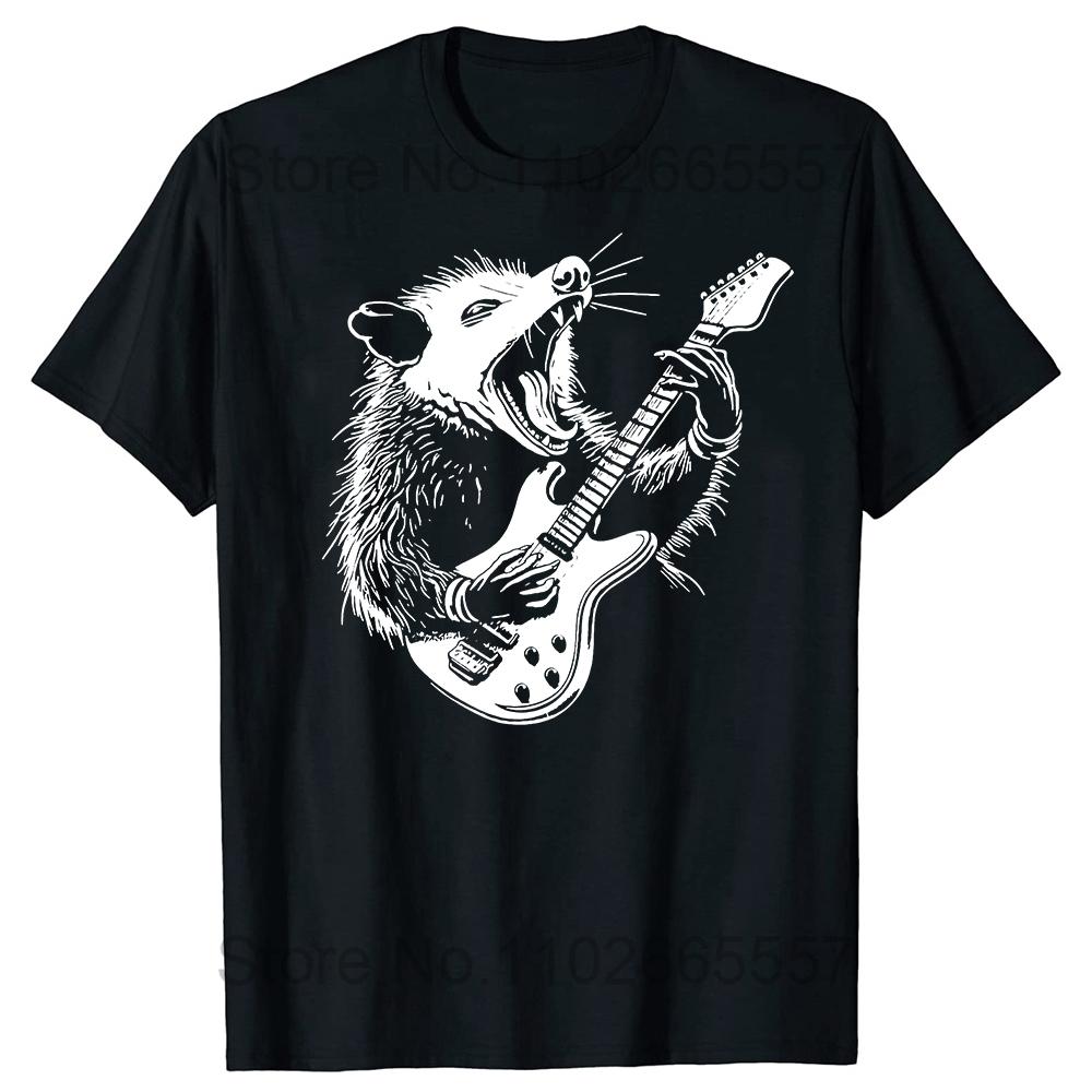 Possum Playing Electric Guitar Animal Music Musician T Shirts Summer Raccoon Rat Cotton Streetwear Birthday Gifts Tshirt Unisex