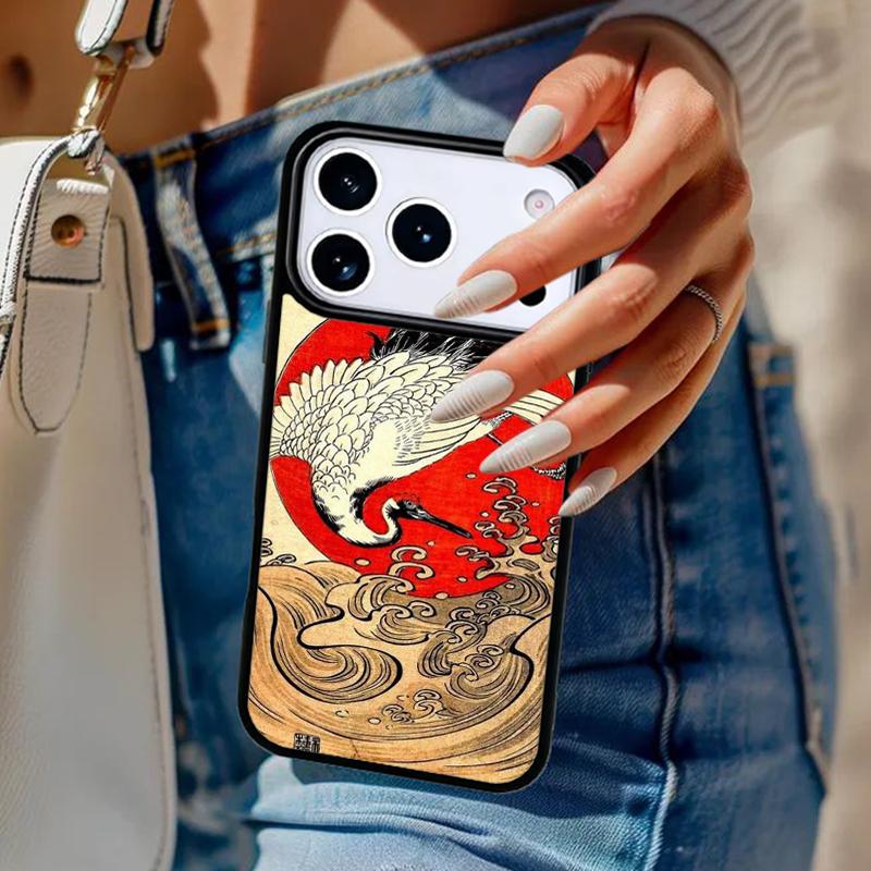 Красное Солнце Японский Журавль Чехол для Телефона Для iPhone 17 Air 14 15 13 12 Max Чехол Для Apple 16e 11 Pro Max Plus Coque