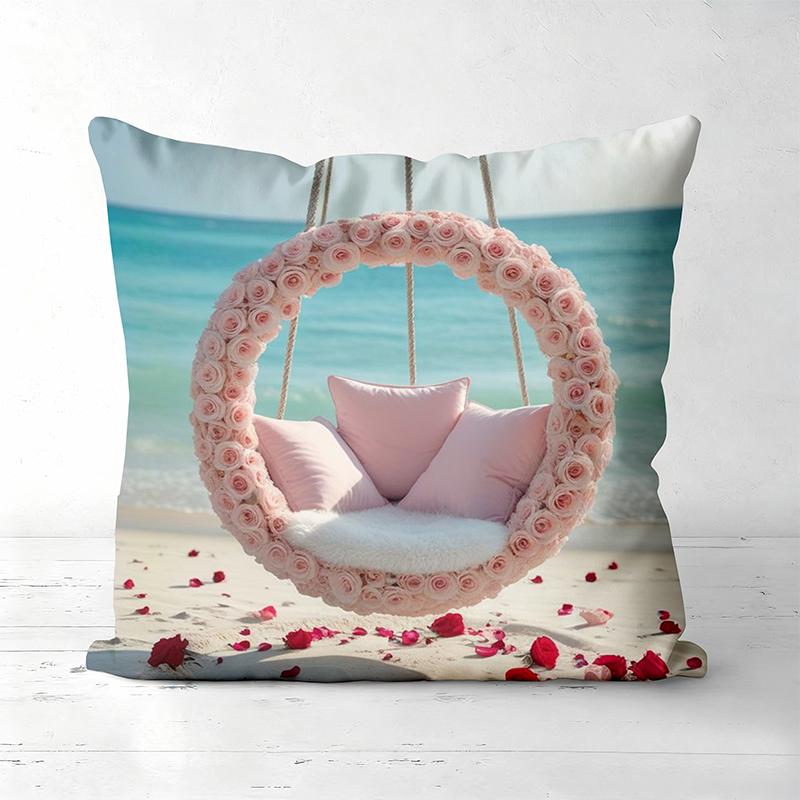 Цветочные подушки для качелей, дизайн «Закат на пляже с глицинией», полиэстеровая наволочка, декоративная подушка для дивана, подушка для изголовья