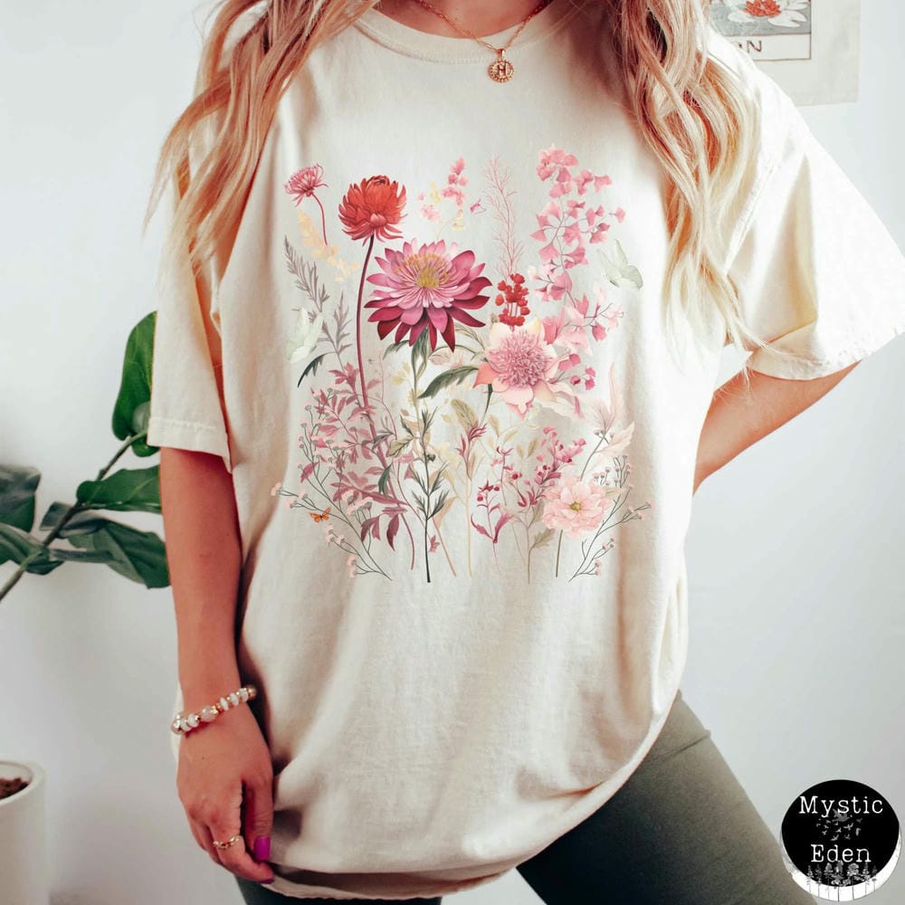 Cottagecore Tshirt Botanical Purple Floral Tee Vintage Boho Wildflowers Comfort TShirt Apparel Trendy Y2K Casual Streetwear