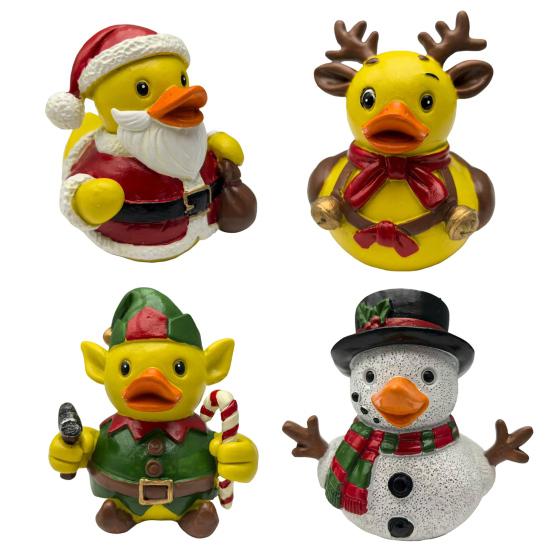 Рождественская фигурка утки Санта-Клаус Олень Эльф Снеговик Статуэтка утки Полимерная смола Скульптура животного Рождественская праздничная вечеринка Настольное украшение Орнамент