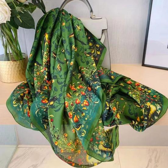 Sunscreen Exquisite Faux Silk Scarf Women Green Peacock Pattern Rectangle Shawl Costume Accessories