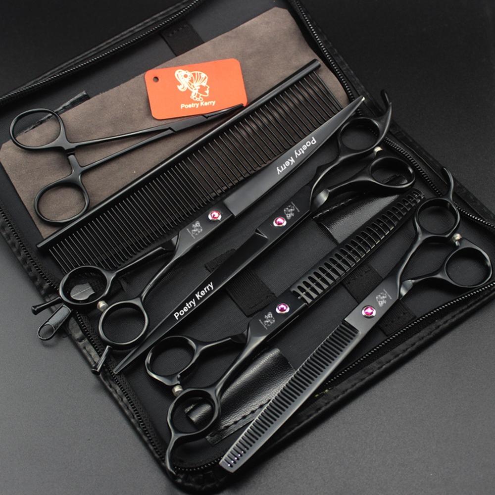 7.0" 8.0 Ch Profional Pet Scissors for Dog Groomg Straight & Thng & Curved Shears FeShark Teeth 4pcsSet +Comb Bag