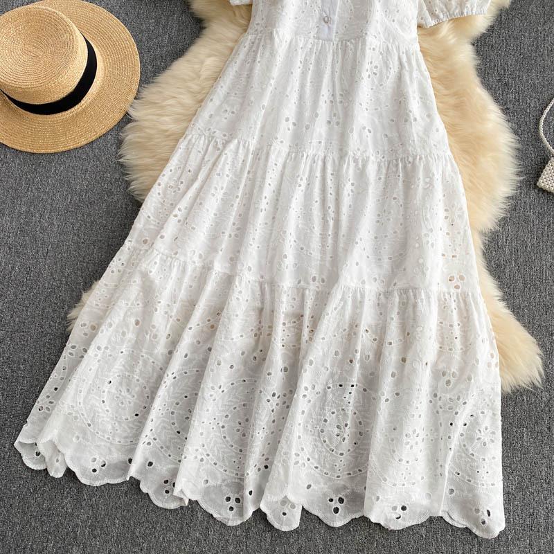 New Elegant Hollow Out Embroidered Polo Bubble Sleeves Loose Bohemian Vacation Dress Womecasual Dresses for Women