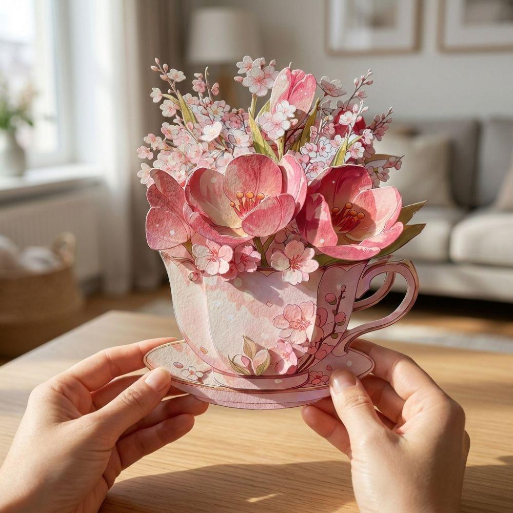 Paper Sculpture Flowers Teacup Greeting Card Surprise Gifts 3D Pop Up Bouquet Card Mother's Day