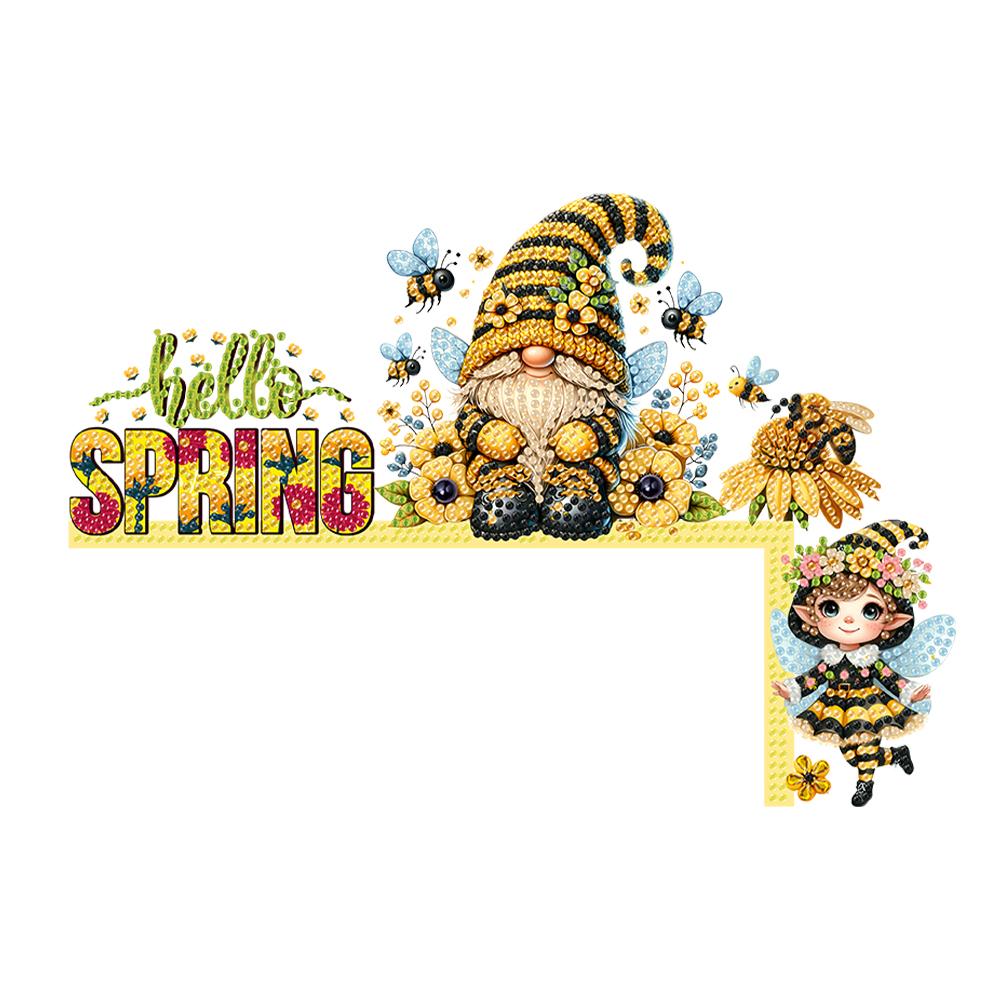 Spring Bee Gnome Diamond Painting Door Corner Sign Diamond Art Door Right Angle Sign 5D DIY Wooden Door Topper for Party Favors